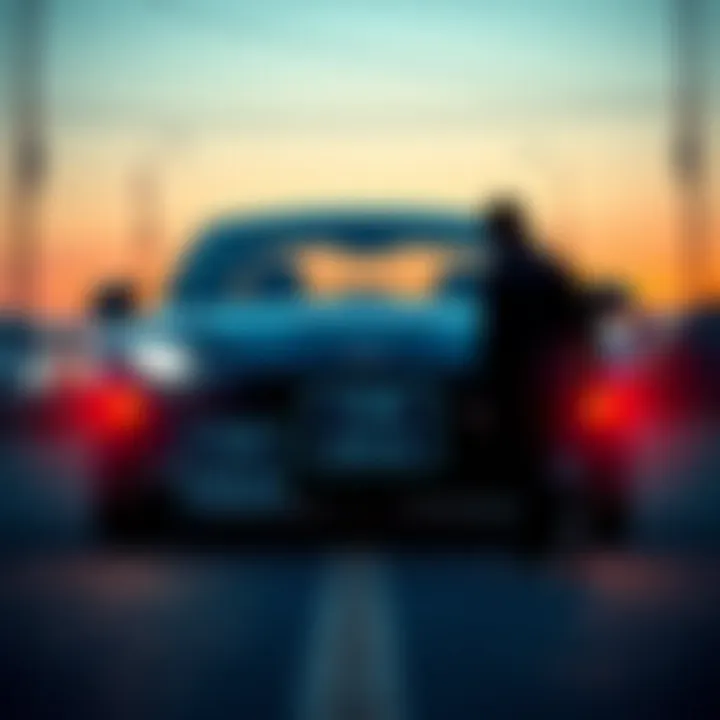 A car with a 'For Sale' sign in front and a disappointed person walking away.