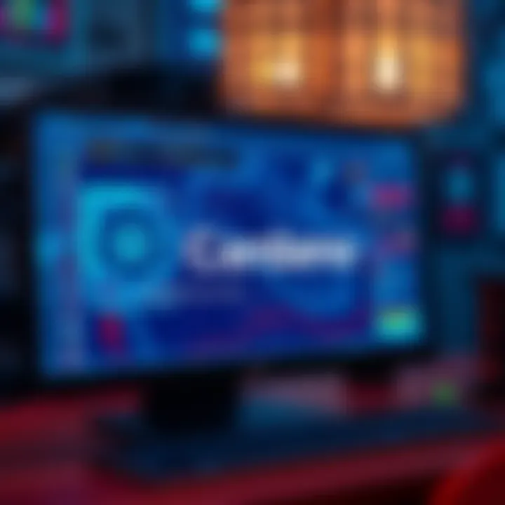 A graphic showing a computer screen with Cardano's logo and interactive elements for learning eUTxO transactions.