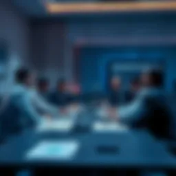 A group of people discussing governance issues related to Cardano at a meeting table with charts and documents.