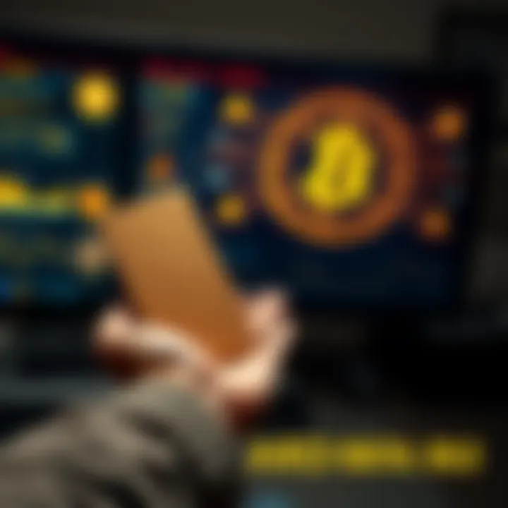 A person holding a piece of cardboard shaped like gold next to a digital screen displaying cryptocurrency symbols.