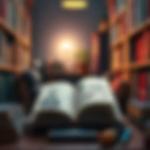 An open book with Carl Sagan's name and cosmic illustrations on the pages, surrounded by other science books in a cozy library setting.