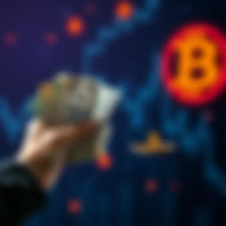 A person holding cash and weighing it against a digital currency symbol for AB, contemplating their financial decision.