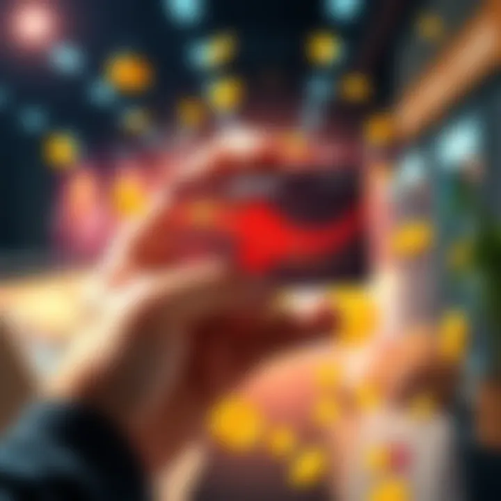 A person holding a crypto card displaying a Bitcoin logo, surrounded by coins and shopping items, representing cash back rewards.