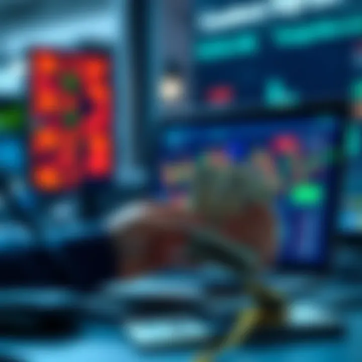 A trader counting cash with a laptop showing graphs behind them, symbolizing profit-taking strategies amid banking restrictions.