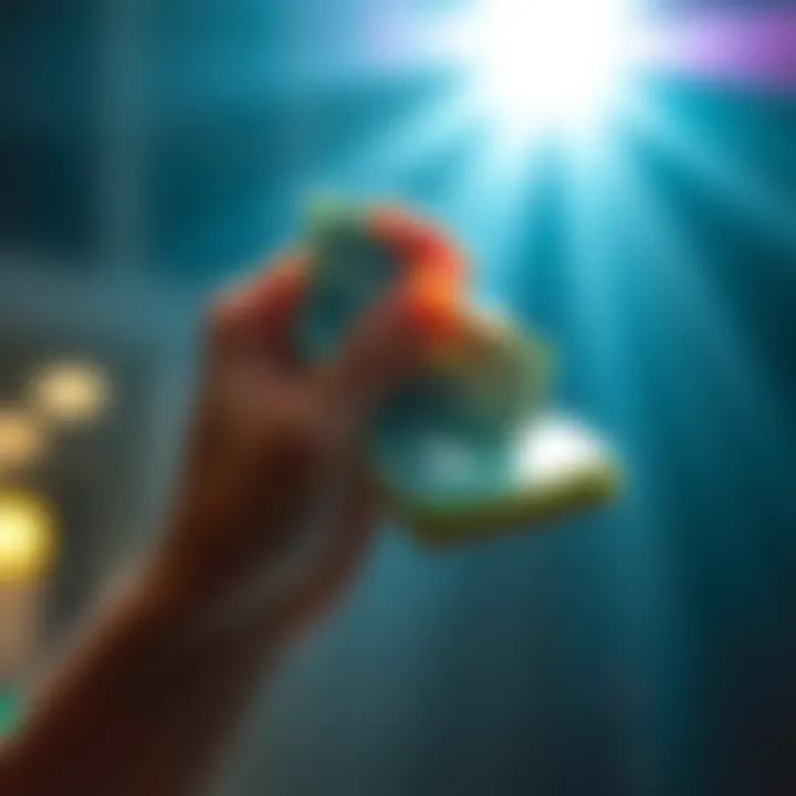 A hand holding cash with a bright background, symbolizing instant money for US residents over 27.