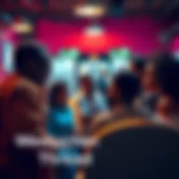 A group of diverse people chatting together in a relaxed environment, sharing ideas and asking questions.