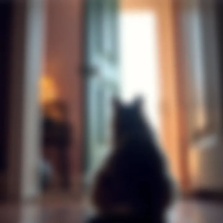 A cat looking out from a home as if contemplating leaving, with an open door in view.