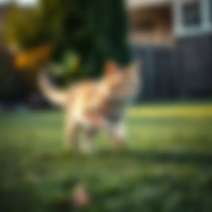 A domestic cat running swiftly across a grassy yard, showcasing its speed and agility