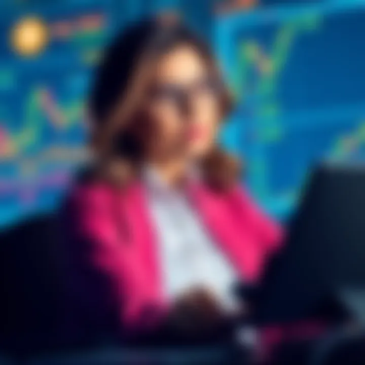 Cathie Wood analyzing stock trends with charts and graphs, representing her investments in Coinbase, BitMine, and Circle.