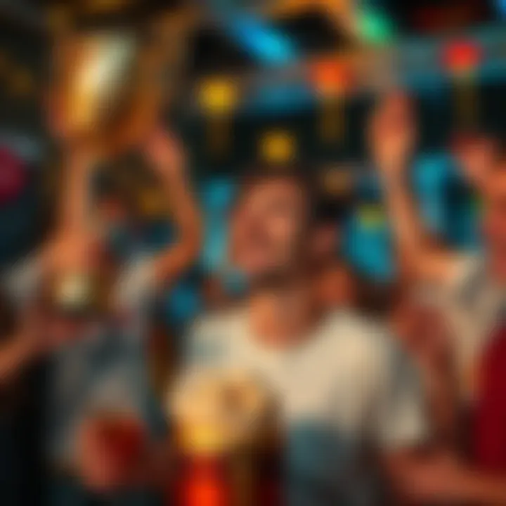 Celebrating a Personal Achievement A person proudly holding a trophy with a beaming smile, surrounded by friends cheering in a festive setting.