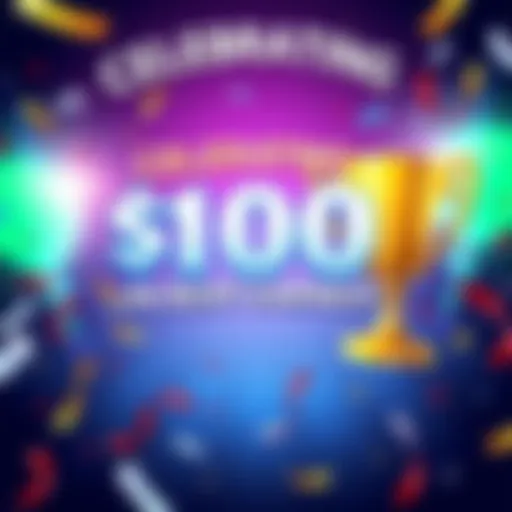 A festive graphic showing a milestone of $100 in total rent earned from a free-to-play game, featuring celebratory elements like confetti and a trophy symbolizing achievement.