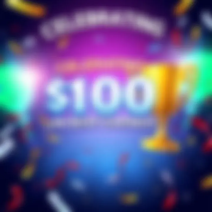 A festive graphic showing a milestone of $100 in total rent earned from a free-to-play game, featuring celebratory elements like confetti and a trophy symbolizing achievement.