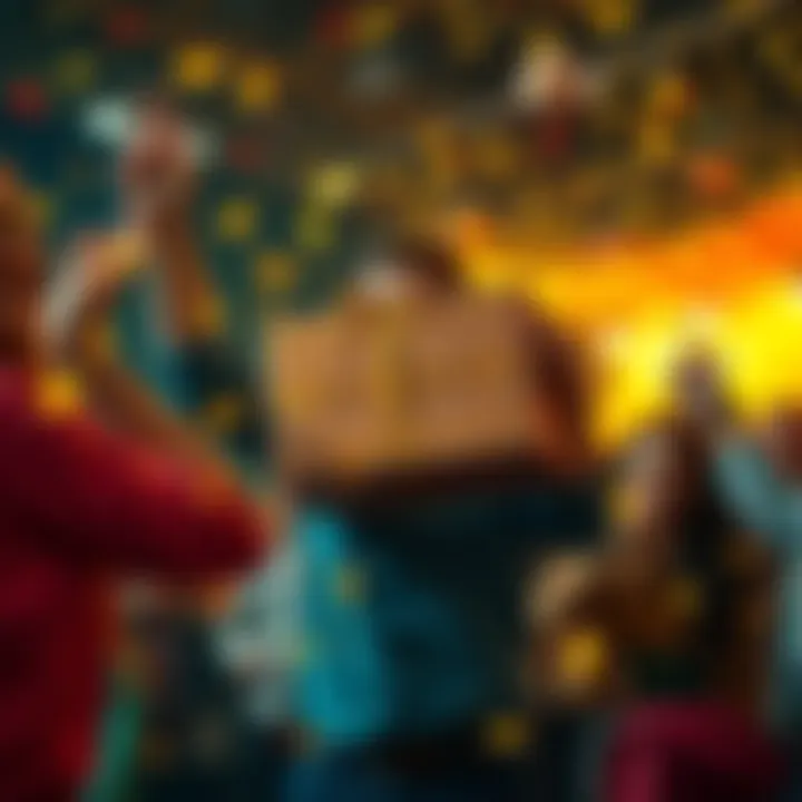 A person joyfully holding a rare parcel, surrounded by friends and excitement, symbolizing luck and celebration.