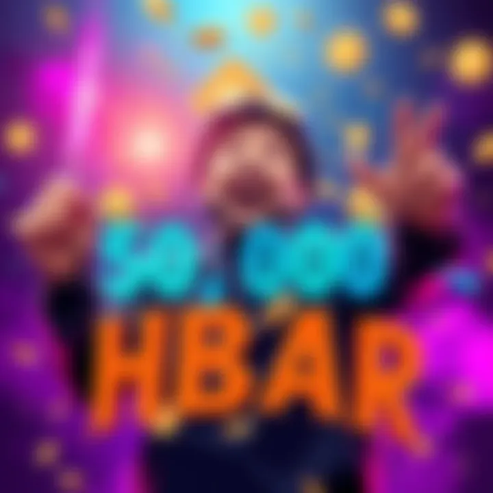 A person happily celebrating reaching 50,000 HBAR, with cryptocurrency symbols in the background.