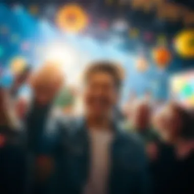 A person excitedly holds a shiny penny with a big smile, surrounded by friends cheering in a festive atmosphere.