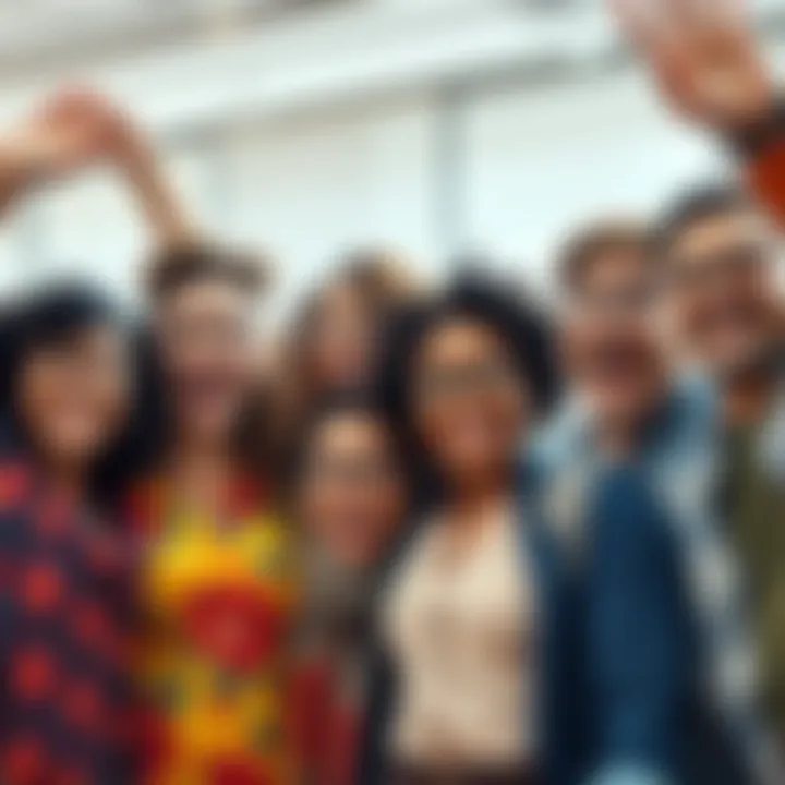 A diverse group of people smiling and celebrating together, symbolizing collective success and optimism.