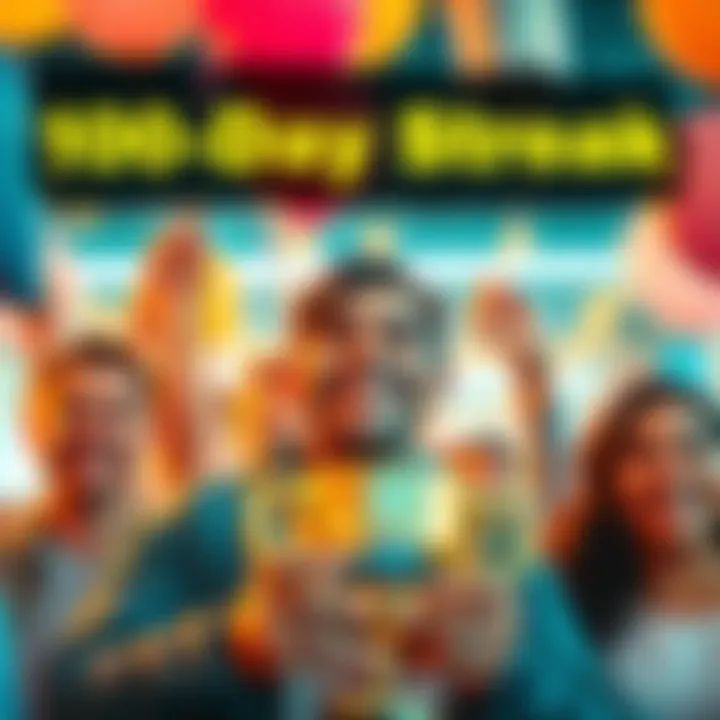 A person smiling with a trophy, celebrating their 100-day achievement, surrounded by friends and balloons