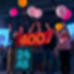 A group of people celebrating together, holding banners and balloons for the 400 AB achievement, with smiles and excitement in the air.