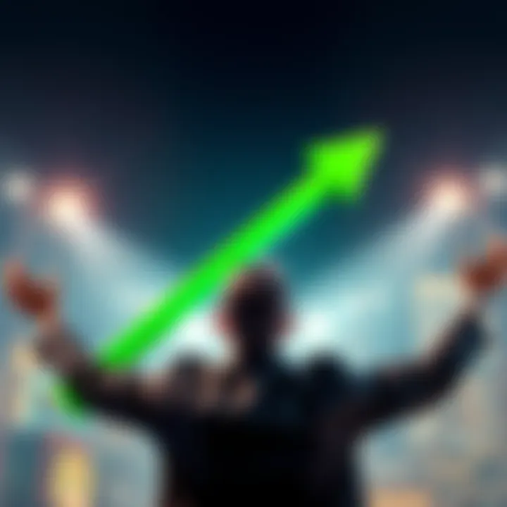A person celebrating with raised arms and a green upward arrow symbolizing profit and success