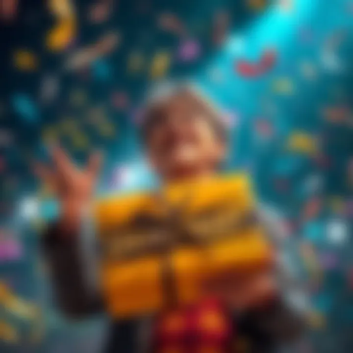 A joyful person holding a Legendary parcel with confetti falling around them, celebrating a milestone achievement.