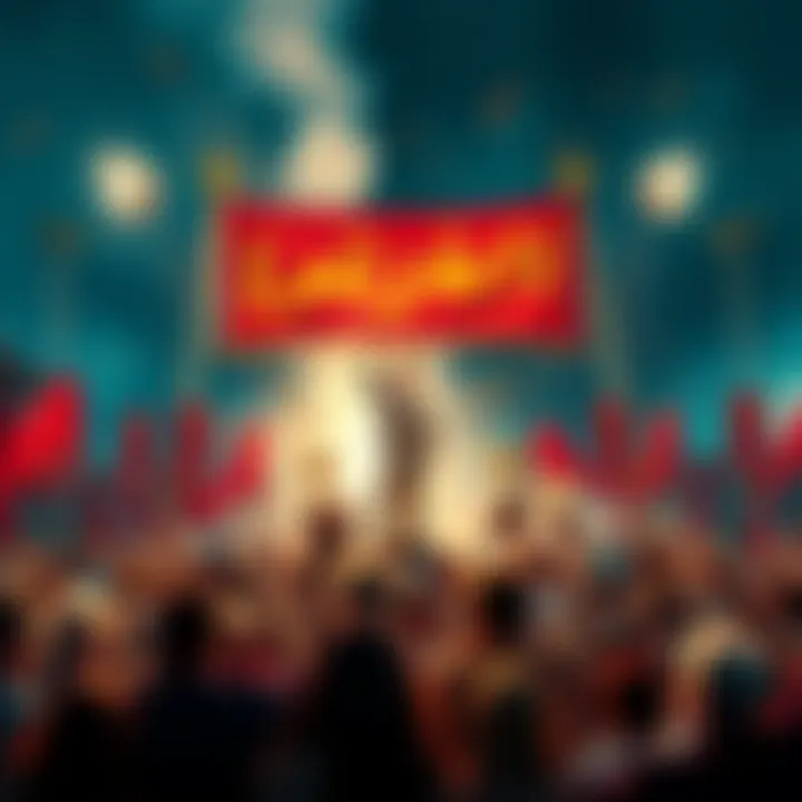 A vibrant gathering of people honoring a legendary figure with trophies and banners.