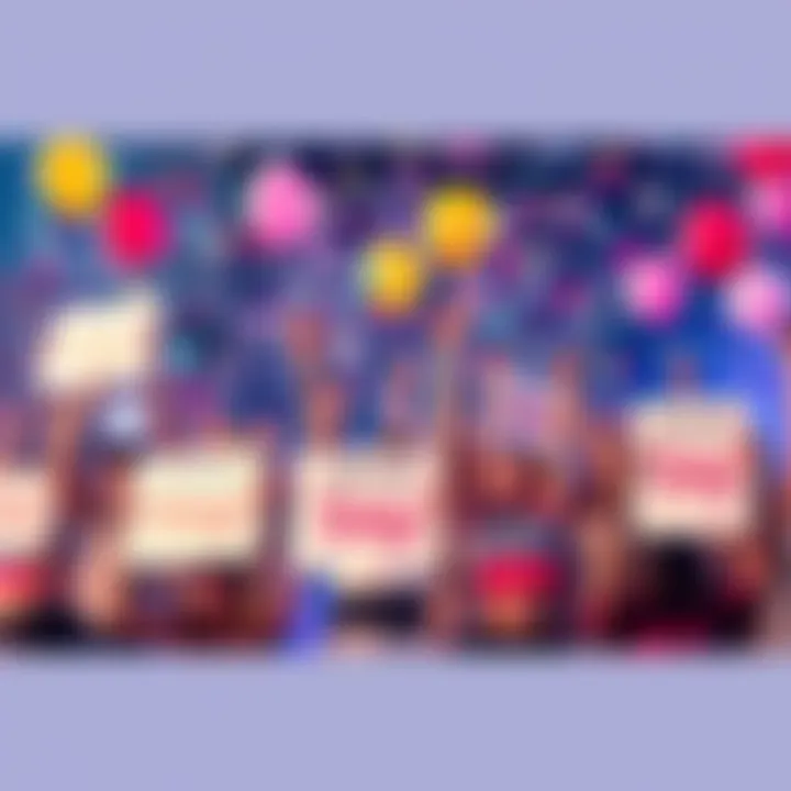 A group of people celebrating with enthusiasm, holding signs that say 'Let's Go Baby!', balloons, and confetti in the air.