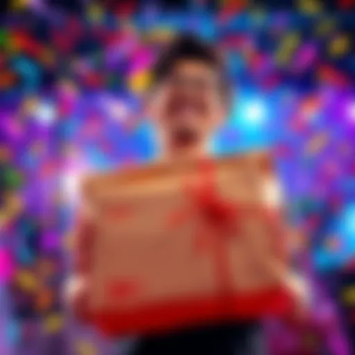 A person joyfully holding 35 packages with a smile, surrounded by colorful confetti, celebrating a small victory.