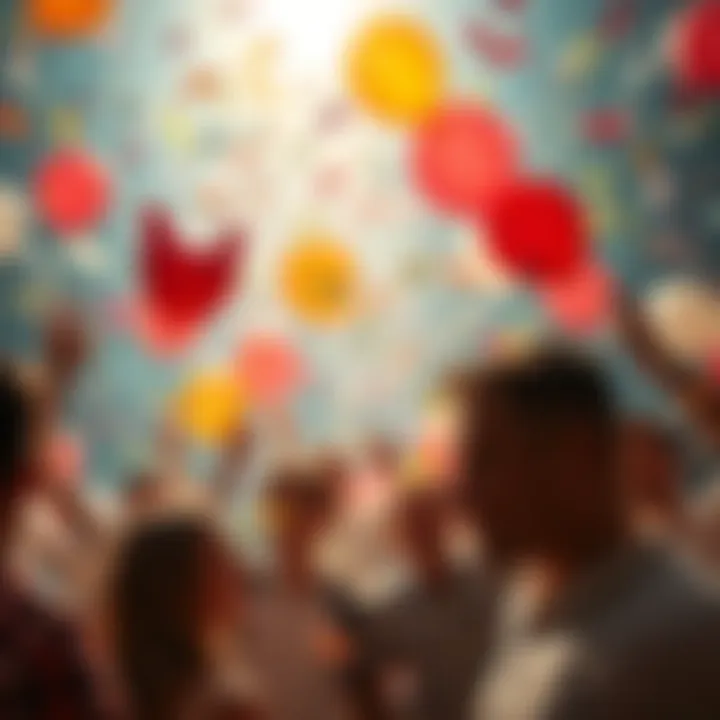 A vibrant scene of people celebrating with balloons and confetti, representing excitement and community engagement.