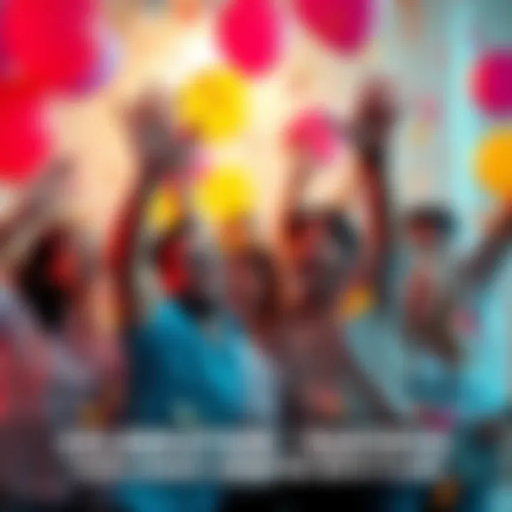 A group of people joyfully celebrating after completing challenges, with balloons and confetti in the air.