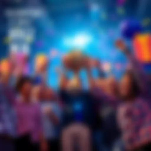 A diverse group of people cheer and celebrate together, holding a trophy in a bright and festive environment.