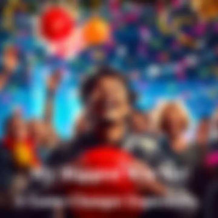 A person joyfully celebrating a significant personal win with friends, surrounded by colorful decorations and confetti.