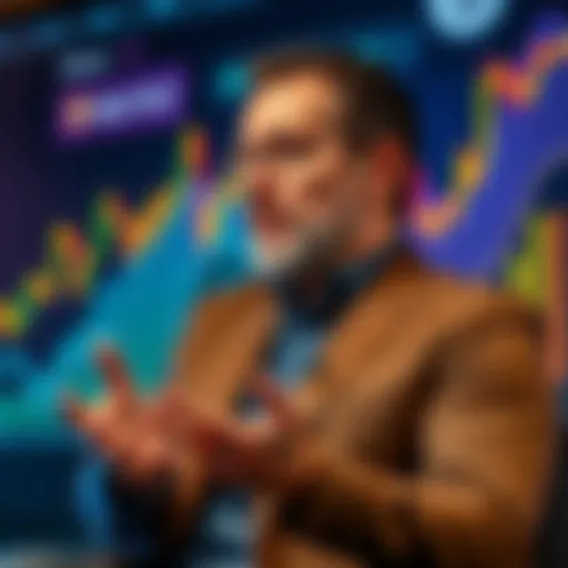 CEO sharing insights on Bitcoin strategy as prices near $10,000, with a graph showing market trends in the background