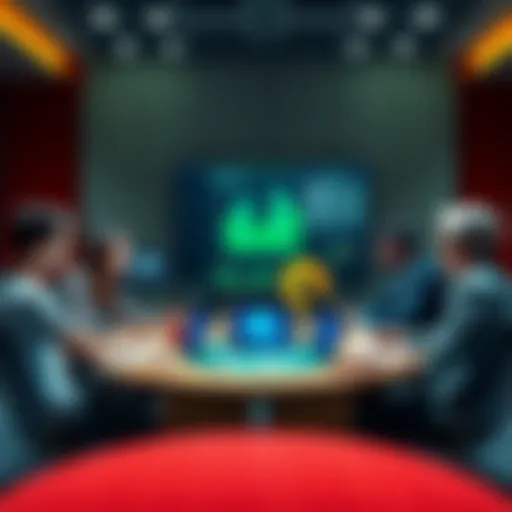 A group of people discussing issues in decentralized finance at a round table with charts and laptops