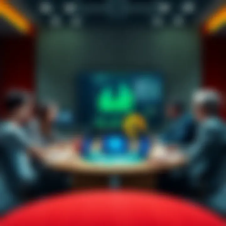 A group of people discussing issues in decentralized finance at a round table with charts and laptops