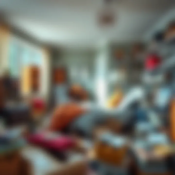 A cluttered living room with a bed in disarray, showing frustration in furniture shopping