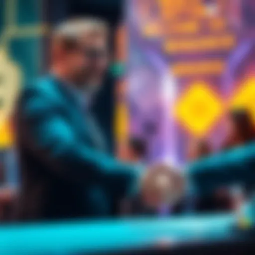 Charles Hoskinson smiling while shaking hands with Binance representatives, symbolizing partnership and new opportunities in cryptocurrency.