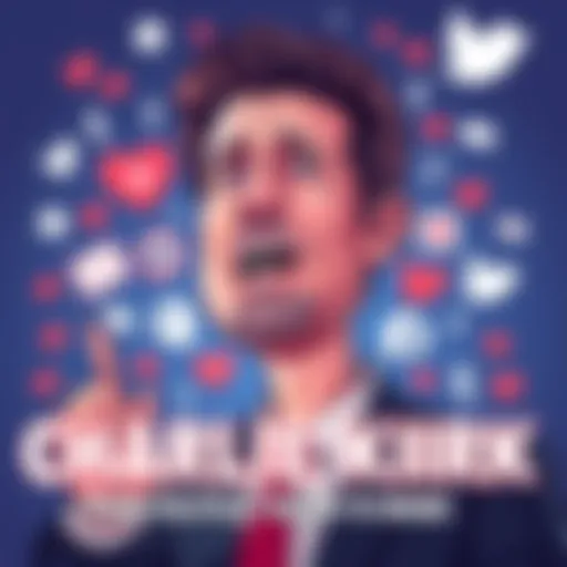 A cartoon-style image of Charlie Kirk with exaggerated features, surrounded by various meme icons and social media symbols, illustrating his rise to meme status.