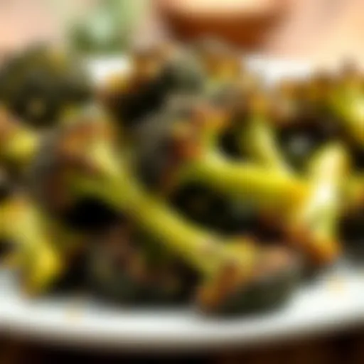 A close-up of charred broccoli served on a white plate, garnished with olive oil and spices, ready for dinner.