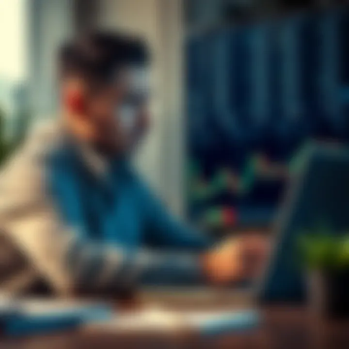 A worried investor looking at stock charts on a laptop, contemplating whether to invest more money after losses.