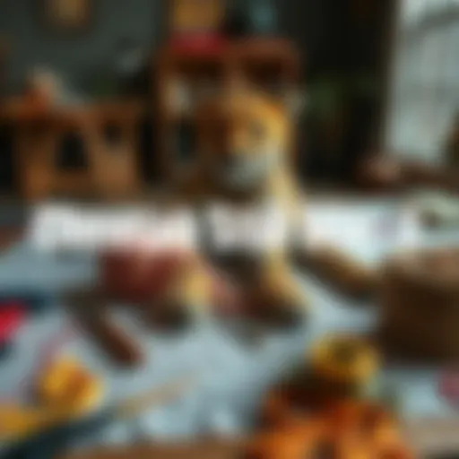 A large cheetah still life pattern laid out with threads and a needle, surrounded by an inviting workspace for crafting, showcasing vibrant colors and intricate details.