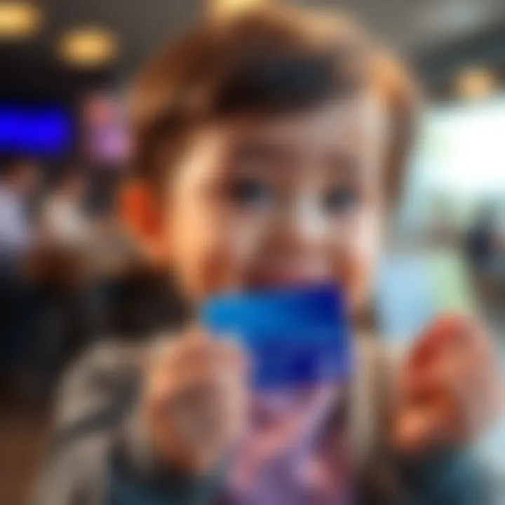 A young child holding a bank card, looking curious and excited