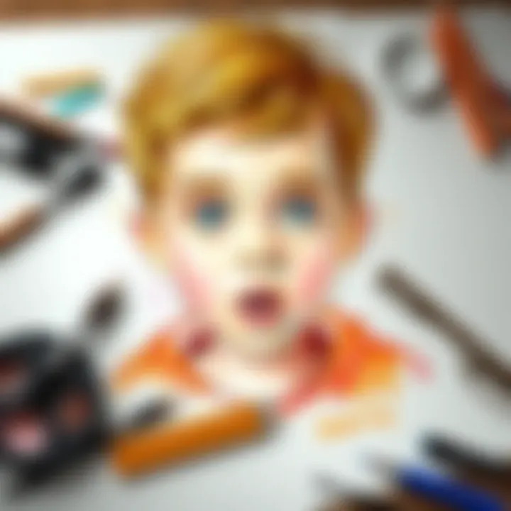 A colorful 9x12 self-portrait sketch showing a child's face with expressive features, surrounded by art supplies and sketches, illustrating the creative process.