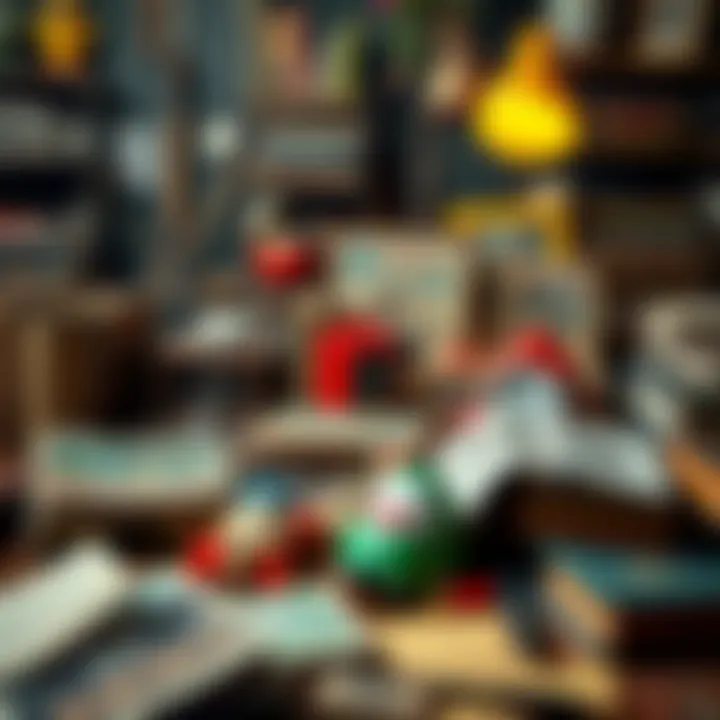 A collection of old toys, books, and memorabilia on a table, evoking childhood memories.