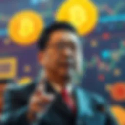 A Chinese official announcing a ban on Bitcoin, with a backdrop of Bitcoin symbols and a digital currency chart showing volatility.