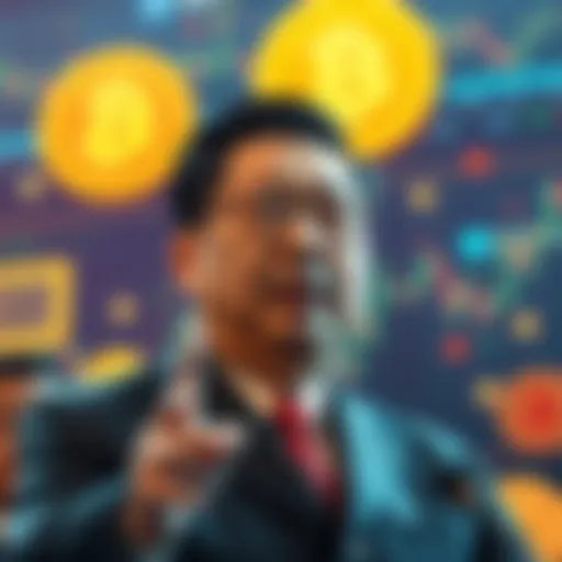 A Chinese official announcing a ban on Bitcoin, with a backdrop of Bitcoin symbols and a digital currency chart showing volatility.