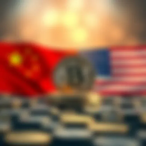 A graphic showing symbols of China and the US with Bitcoin coins in between, representing accusations of theft.