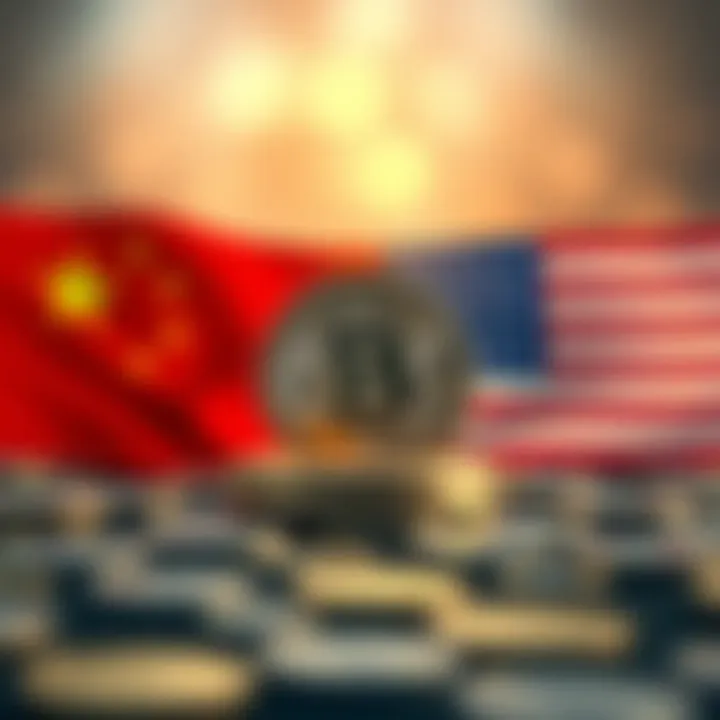 A graphic showing symbols of China and the US with Bitcoin coins in between, representing accusations of theft.