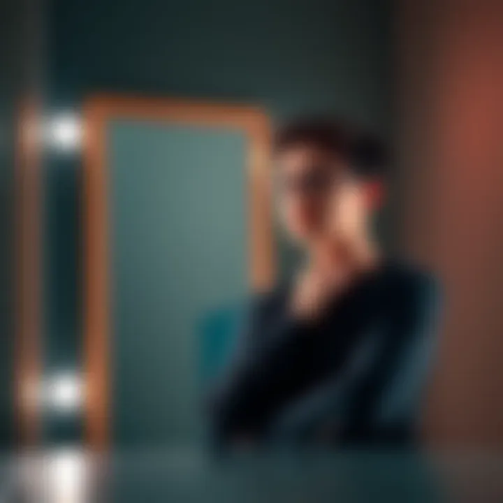 Person choosing between wearing glasses and going without them A young person stands in front of a mirror, contemplating whether to wear glasses. They have a thoughtful expression, with one hand on their chin and the glasses on the table before them.