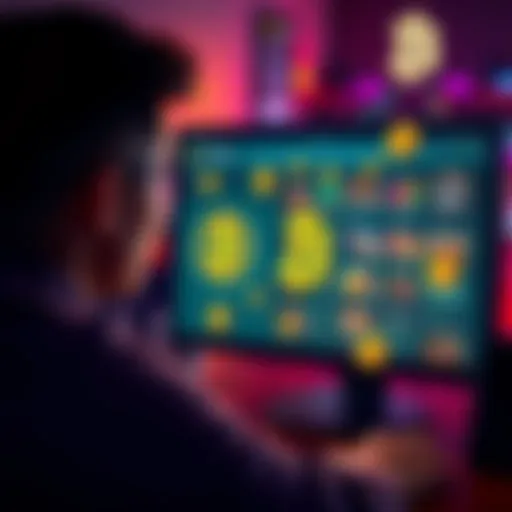 A person looking at various online casino options on a computer, with bitcoin symbols and wallet icons around them.