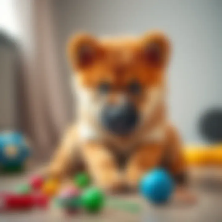 A five-month-old Chow Chow German Shepherd mix puppy playing with toys while sitting on the floor, looking energetic and playful.